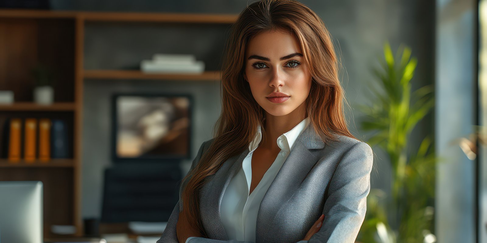 Professional woman in business attire stands confidently in a modern office space with natural light during the day